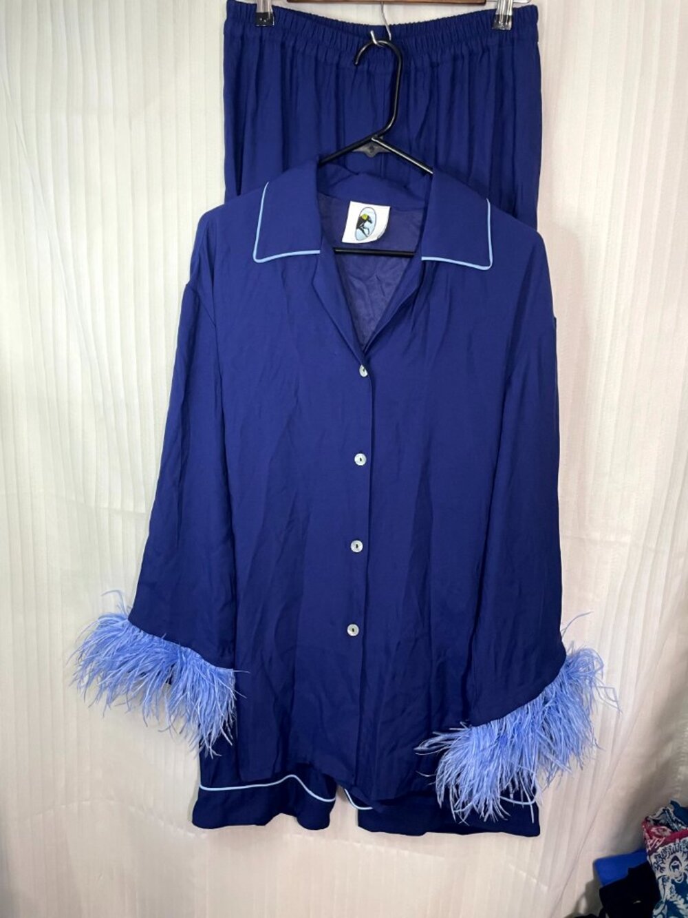 Luxury Feather Trim Pajama Set Women's Medium Blue Viscose Ostrich Feather - Picture 2 of 14